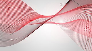Das Bild zeigt ein abstraktes Design mit roten und schwarzen Linien, die sich wellenartig über eine graue Hintergrundfläche erstrecken. Innerhalb der wellenförmigen Linien sind vereinzelt schematische Kreise und Verbindungslinien eingebettet.
