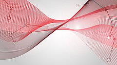 Das Bild zeigt ein abstraktes Design mit roten und schwarzen Linien, die sich wellenartig über eine graue Hintergrundfläche erstrecken. Innerhalb der wellenförmigen Linien sind vereinzelt schematische Kreise und Verbindungslinien eingebettet.