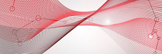 Das Bild zeigt ein abstraktes Design mit roten und schwarzen Linien, die sich wellenartig über eine graue Hintergrundfläche erstrecken. Innerhalb der wellenförmigen Linien sind vereinzelt schematische Kreise und Verbindungslinien eingebettet.