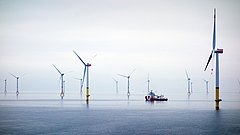 Mehrere Windkraftanlagen mit gelben Fundamenten stehen im Wasser, ein Schiff ist zwischen den Turbinen sichtbar.