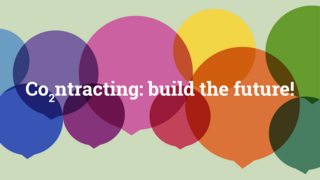 Bunte Sprechblasen in verschiedenen Farben mit dem Text 'Co2ntracting: build the future!'.