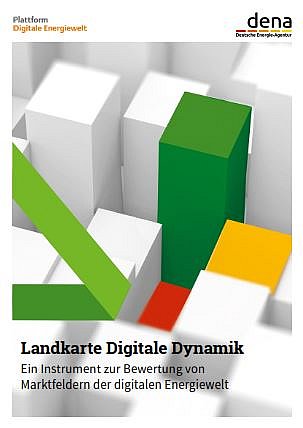 Titel der Publikation 'Landkarte Digitale Dynamik' mit dem Untertitel 'Ein Instrument zur Bewertung von Marktfeldern der Digitalen Energiewelt', gestaltet mit geometrischen Formen und dem Logo der dena und Plattform Digitale Energiewelt.