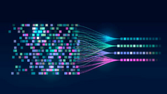 Bunte Datenblöcke werden durch farbige Linien zu vier geordneten Reihen zusammengeführt, symbolisch für Datenverarbeitung oder -analyse.