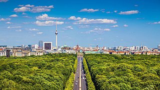 Das Bild zeigt eine Panoramaansicht von Berlin mit üppigem Grün im Vordergrund.