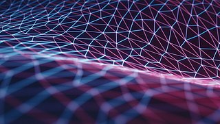 Dreidimensionales Gitter aus Linien und Punkten, das eine wellenförmige Oberfläche bildet