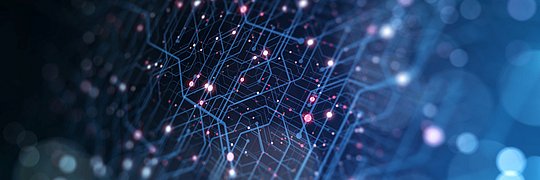 Vernetztes digitales Muster mit leuchtenden Punkten und Linien, das Datenfluss oder Technologie symbolisiert