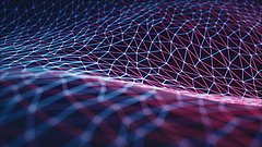 Detaillierte Darstellung eines Netzwerks aus blauen und violetten Linien, die ein dreidimensionales, geometrisches Muster bilden.