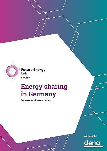 Titel 'Energy sharing in Germany' auf weißem sechseckigem Hintergrund, umgeben von violetten und blauen polygonalen Linien. Logo von Future Energy Lab oben links, Text 'From concept to realisation' darunter, unten rechts Hinweis 'A project by dena'.
