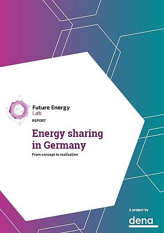 Titel 'Energy sharing in Germany' auf weißem sechseckigem Hintergrund, umgeben von violetten und blauen polygonalen Linien. Logo von Future Energy Lab oben links, Text 'From concept to realisation' darunter, unten rechts Hinweis 'A project by dena'.