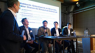 Blick auf alle Referierenden der Podiumsrunde „Markt“.