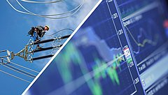 Ein Monteur arbeitet an Hochspannungsleitungen, daneben ein Bildschirm mit Finanzdaten und Kursdiagrammen.
