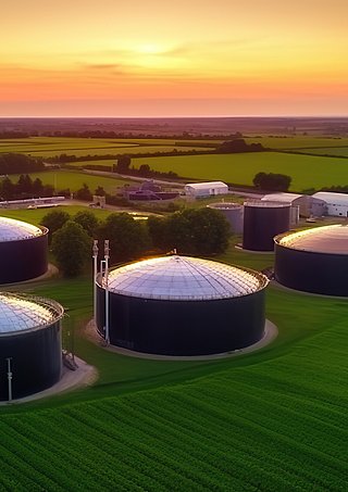 Luftaufnahme von Biomethananlagen auf einem Feld