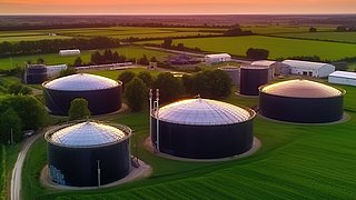 Luftaufnahme von Biomethananlagen auf einem Feld