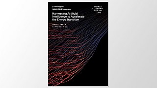 Cover des White Papers 'Harnessing Artificial Intelligence to Accelerate the Energy Transition'. Enthält wellenförmige Linien in Rot und Blau auf schwarzem Hintergrund. Text: 'WORLD ECONOMIC FORUM', 'WHITE PAPER', 'SEPTEMBER 2021'.