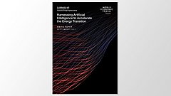 Cover des White Papers 'Harnessing Artificial Intelligence to Accelerate the Energy Transition'. Enthält wellenförmige Linien in Rot und Blau auf schwarzem Hintergrund. Text: 'WORLD ECONOMIC FORUM', 'WHITE PAPER', 'SEPTEMBER 2021'.
