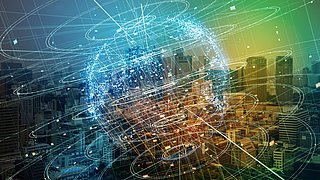Eine futuristische Stadt, die durch ein komplexes Netzwerk aus Linien und Punkten verbunden ist, zeigt technologische Innovation.