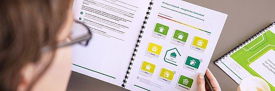 Ansicht eines ausgedruckten iSFP-Dokumentes „Mein Sanierungsfahrplan“ mit Blick auf die Seite „Ihr Haus in Zukunft – Energetischer Zielzustand“.