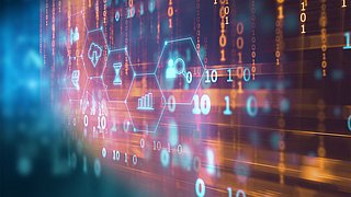  Verschwommenes Bild von Binärcode und Daten, symbolisiert Blockchain-Identitätsledger