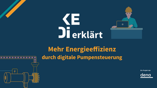 Grafik mit dem Text 'Mehr Energieeffizienz durch digitale Pumpensteuerung' und dem Logo 'KEDi erklärt' sowie einer Illustration einer Person mit Helm an einem Laptop