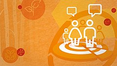 Grafik mit stilisierten Figuren in einer Gesprächsblase, umgeben von Symbolen für Pflanzen und Nachhaltigkeit. Hintergrund in warmen Farben.