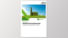 Cover der dena-Analyse 'Marktmonitoring Bioenergie' mit einem grünen, baumartigen Symbol aus Gras und einem weißen Hintergrund. Oben rechts steht 'dena'.