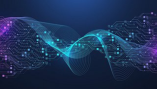 Abstrakte, farbige Datenwellen und digitale Linien, die Vernetzung und moderne Technologie symbolisieren.