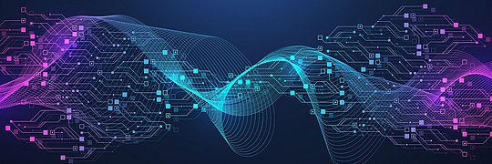 Abstrakte, farbige Datenwellen und digitale Linien, die Vernetzung und moderne Technologie symbolisieren.