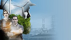 Menschen mit Windrad und Industrieanlage