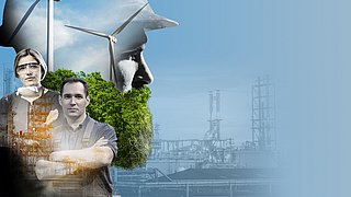 Menschen mit Windrad und Industrieanlage