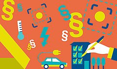 Grafik mit bunten Symbolen: Paragraphenzeichen, Thermometer, Blitz, Auto mit Kabel, Gebäude mit Häkchen, Hand mit Stift. Hintergrund orange.