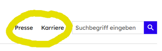 Webseitenausschnitt mit Suchfeld und den Menüpunkten 'Presse' und 'Karriere' in schwarzer Schrift auf weißem Hintergrund.