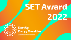Text 'SET Award 2022' in großer Schrift auf orangefarbenem Hintergrund mit türkisfarbenen Wellenmustern. Unten links steht 'Start Up Energy Transition Global Innovation Platform'.