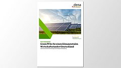 Das Positionspapier mit dem Titel 'Green PPAs für einen klimaneutralen Wirtschaftsstandort Deutschland' zeigt Solarpanels im Vordergrund und Windkraftanlagen im Hintergrund. Oben rechts ist das Logo der dena zu sehen.