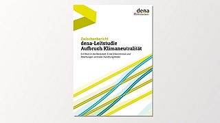 Cover des Zwischenberichts der dena-Leitstudie mit dem Titel 'Aufbruch Klimaneutralität'. Enthält grafische Linien in Gelb und Blau sowie den Text: 'Ein Blick in die Werkstatt: Erste Ergebnisse und Abhängigkeiten zentraler Handlungsfelder'.