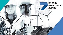 Zwei Personen in Arbeitskleidung, eine mit Helm und die andere mit Brille, stehen vor Windkraftanlagen und Solarpanelen. Text: 'ENERGY EFFICIENCY AWARD by dena'.