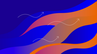 Grafik: Drei weiße, gebogene Pfeile auf blau-orange schattiertem Hintergrund.