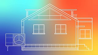 Schematische Darstellung eines Hauses mit Wärmepumpe zur energieeffizienten Heizung.