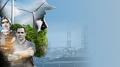 Menschen mit Windrad und Industrieanlage