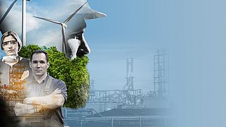 Menschen mit Windrad und Industrieanlage