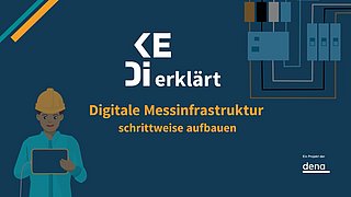Grafik mit der Überschrift 'KEDi erklärt Digitale Messinfrastruktur schrittweise aufbauen' zeigt eine Person mit Schutzhelm und Tablet vor einem Hintergrund mit technischen Schaltplänen.