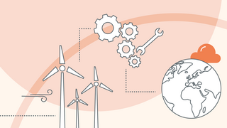 Illustration mit drei Windkraftanlagen, Zahnrädern und einem Schraubenschlüssel, neben einer Weltkarte mit Kontinenten.