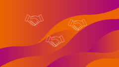 Grafik: Drei weiße Handschlag-Symbole auf orange-rot schattiertem Hintergrund.