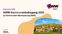 Teaserbild zur KWW-Kommunenbefragung, zu sehen ist das Logo des KWW und die Fernansicht eines Dorfes umgeben von Wiesen und Wäldern