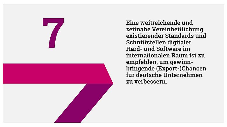 These 7: Eine weitreichende und zeitnahe Vereinheitlichung existierender Standards und Schnittstellen digitaler Hard- und Software im internationalen Raum ist zu empfehlen, um gewinnbringende (Export-)Chancen für deutsche Unternehmen zu verbessern.