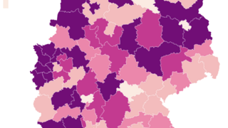 Deutschlandkarte mit farblich abgestuften Regionen nach jährlichem gewerblichem Abwärmepotenzial in kWh, von hell bis dunkel.