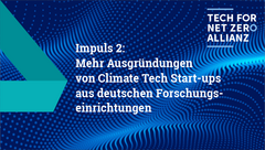 Blaues Hintergrundmuster mit Wellen. Text: 'Impuls 2: Mehr Ausgründungen von Climate Tech Start-ups aus deutschen Forschungseinrichtungen'. Logo: 'TECH FOR NET ZERO ALLIANZ'.