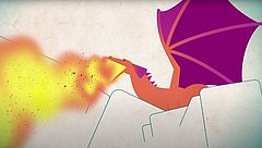 Illustration eines Bergdrachen, der Feuer speit.