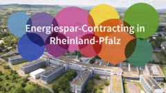 Im Vordergrund ist das"Co2ntracting: build the future!"-Logo vom Modellvorhaben der Deutschen Energie-Agentur. Im Hintergrund ist eine Drohnenaufnahme von der Hochschule Koblenz