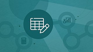 Symbol eines Tabellenblatts mit Stift, umgeben von Icons für Diagramm und Taschenrechner, thematisch zu Quartalsbericht