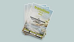 Drei übereinanderliegende Zeitschriften mit dem Titel 'transition 22'. Auf dem Cover steht: 'Die Innovationsdynamik zwischen der Natur und dem Feuer'.